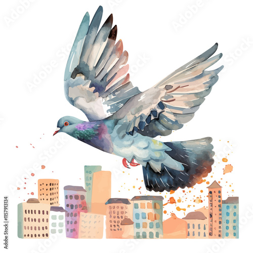 A watercolor vector painting of a pigeon flying over a city, isolated on a white background. Pigeon vector.

