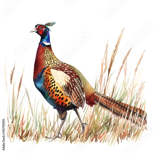 A stunning illustration of a pheasant hiding in autumn leaves, showcasing its vibrant colors amidst the fall foliage.

