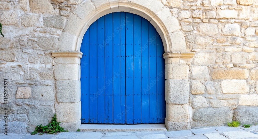 Fototapeta premium A blue wooden door set in a stone wall, showcasing architectural beauty.