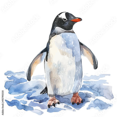 A whimsical depiction of a penguin waddling across icy terrain, highlighting its unique movements in a cold environment.

