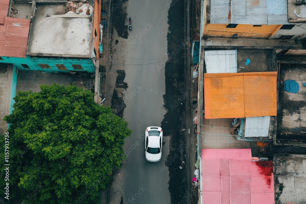 A white car is driving down a street in a city with houses on either side. The street is lined with trees and the houses are painted in different colors. The scene gives off a feeling of a busy A white car is driving down a street in a city with houses on either side. The street is lined with trees and the houses are painted in different colors. The scene gives off a feeling of a busy