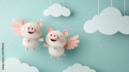 Two happy flying pigs with wings among clouds.