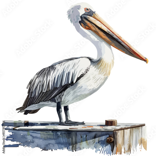 A serene portrayal of a pelican resting on a pier, capturing its calm demeanor by the water.

