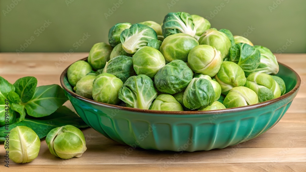 Brussels sprouts in a bowl on a wooden table with green background Brussels sprouts in a bowl on a wooden table with green background