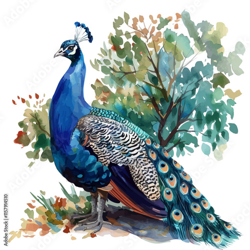 A tranquil scene of a peacock resting in dappled shade, showcasing its elegant posture amidst greenery.

