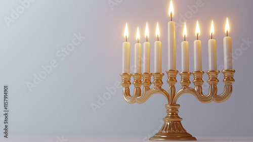 Eight candles burning in a menorah, creating a warm festive atmosphere. Ideal for holiday designs. photo