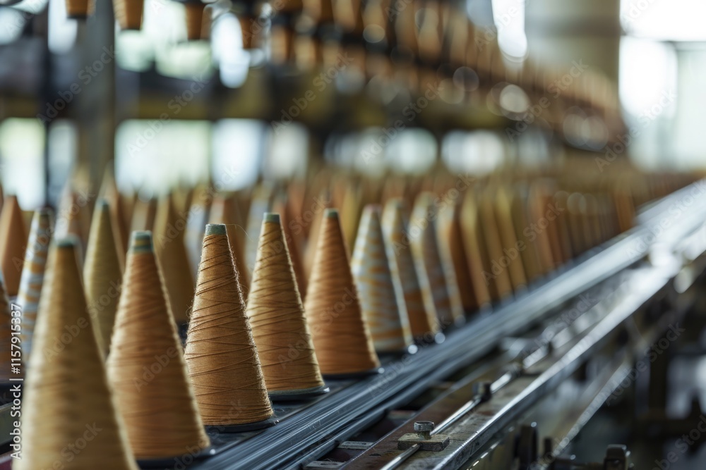 large group of bobbin thread cones on a warping machine in a textile mill. large group of bobbin thread cones on a warping machine in a textile mill.