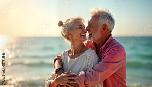 Romantic senior couple embraces by ocean. Affectionate elderly man, woman enjoy quality time together after retirement. Happy smiling faces show love, happiness. Relaxed atmosphere on sunny beach at photo