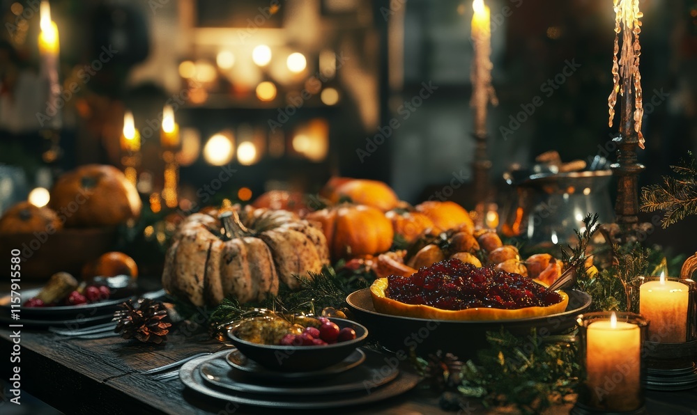 Festive holiday table adorned with roasted vegetables, stuffed squash, and cranberry relish, with warm candlelight and rustic decor, creating a cozy atmosphere, Festive holiday table adorned with roasted vegetables, stuffed squash, and cranberry relish, with warm candlelight and rustic decor, creating a cozy atmosphere,