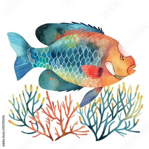 A stunning depiction of a parrotfish swimming through coral reefs, highlighting its vibrant colors and marine environment.

