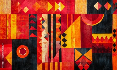 Large-scale textile mural featuring geometric patterns in vibrant reds, oranges, and yellows, blending ancient and modern design,