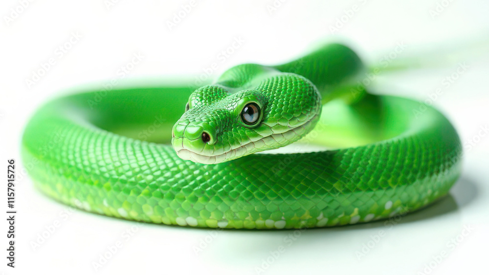 Obraz premium Close-up of a vibrant green snake coiled on a white background