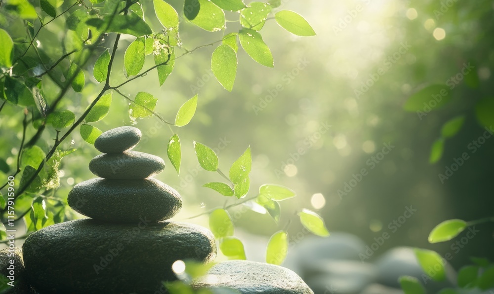 Light streams through soft sunlight on zen stones stacked with fresh green leaves Light streams through soft sunlight on zen stones stacked with fresh green leaves