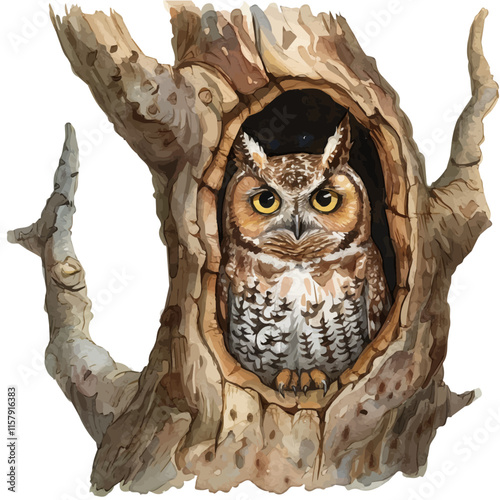 A tranquil depiction of an owl roosting in a hollow tree, illustrating its natural habitat.


