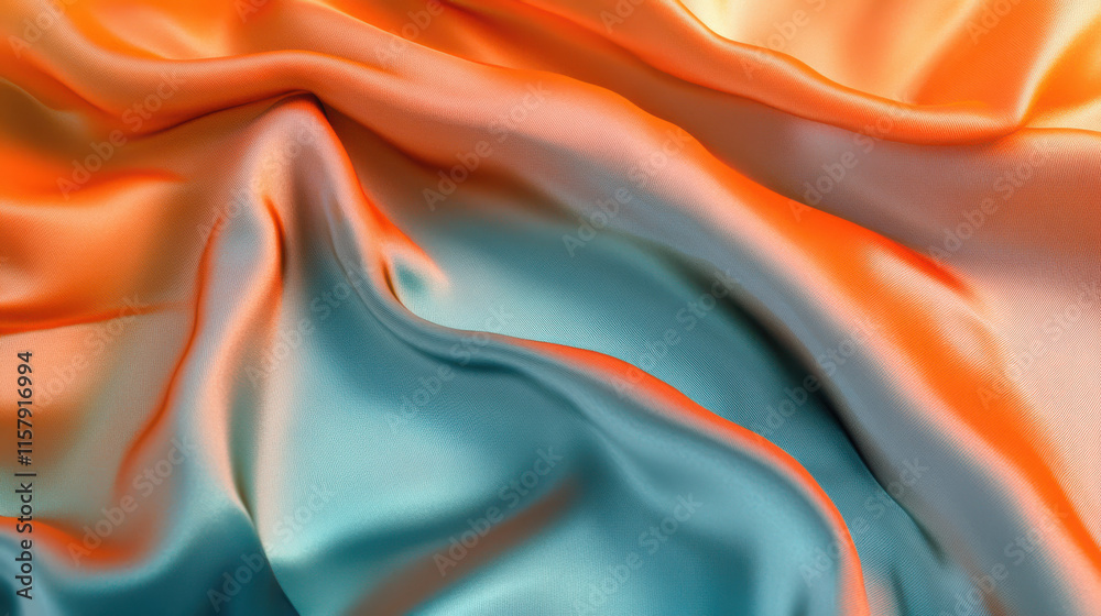 Obraz premium A close-up of a silky fabric texture, reflecting a gradient of sunset orange blending into cool turquoise, bathed in ambient natural light. Shadows gently outline the soft waves of fabric