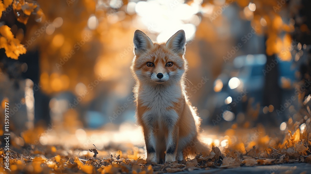 Fototapeta premium A charming fox sits among autumn leaves, showcasing nature's beauty.