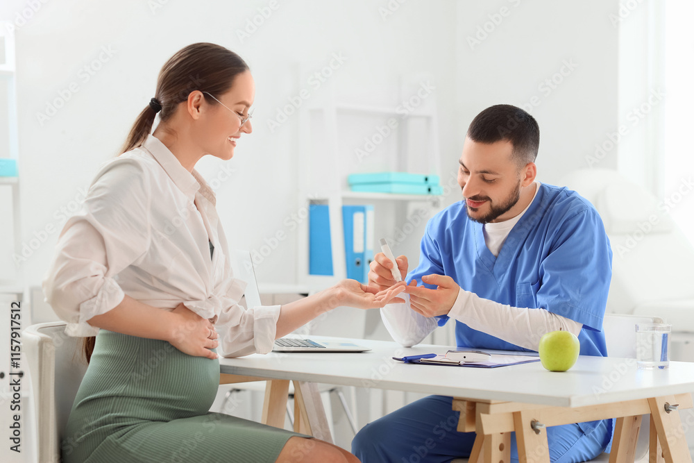 Young pregnant woman with gestational diabetes and doctor using lancet pen in clinic