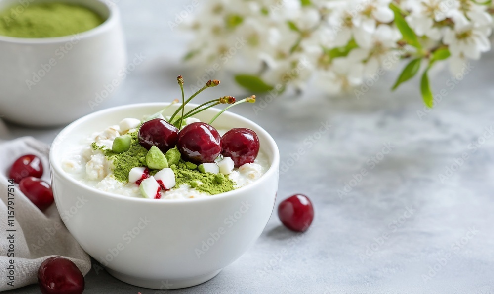 A bowl of yogurt topped with cherries and green matcha powder. A bowl of yogurt topped with cherries and green matcha powder.