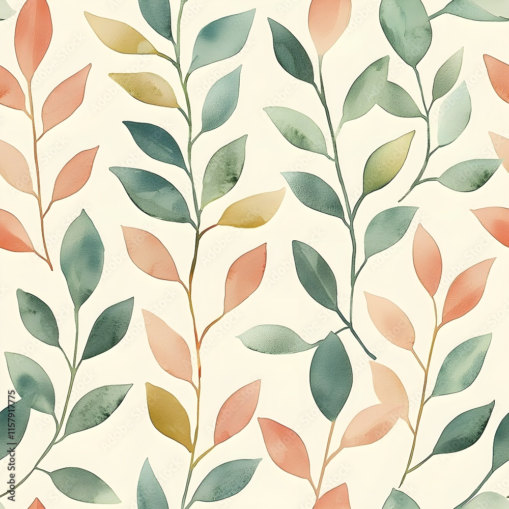 Seamless pattern with simplified leaf motifs in pastel sage green and peach colors Seamless pattern with simplified leaf motifs in pastel sage green and peach colors
