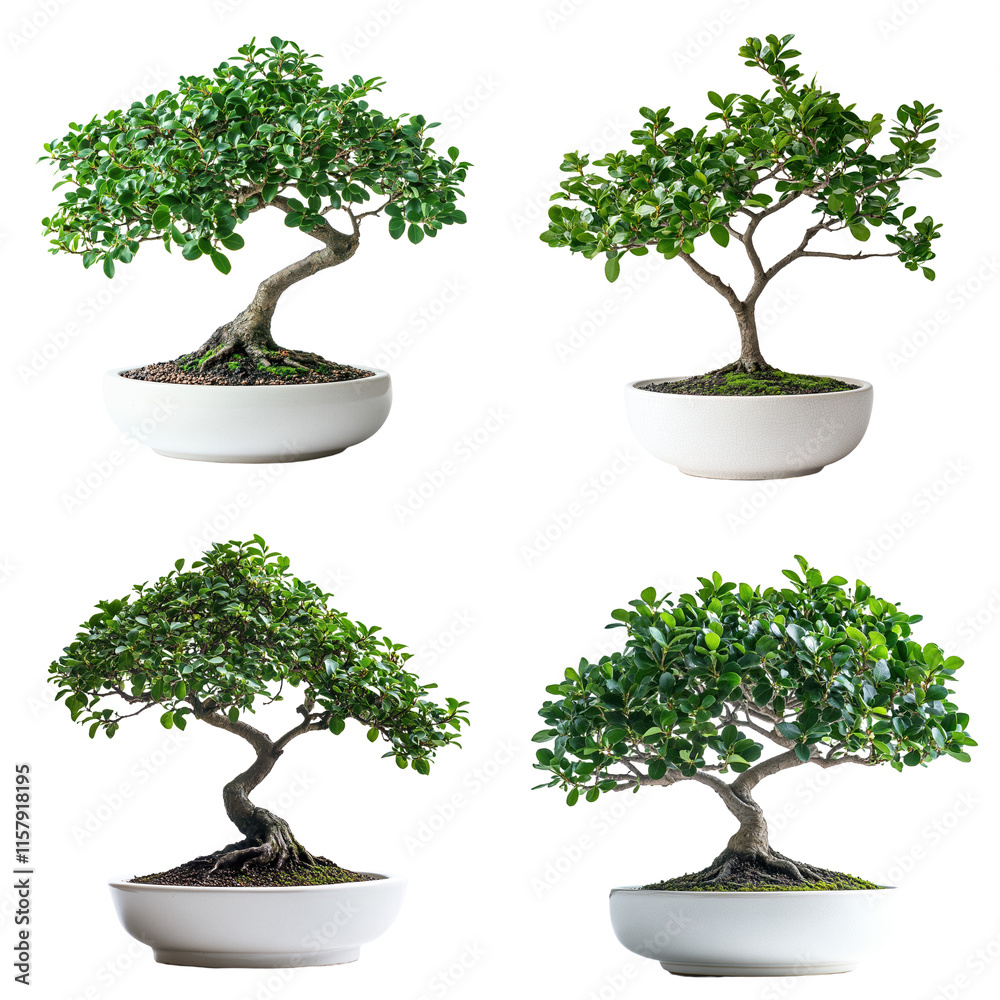 Four Bonsai Trees in White Pots on White Background Four Bonsai Trees in White Pots on White Background