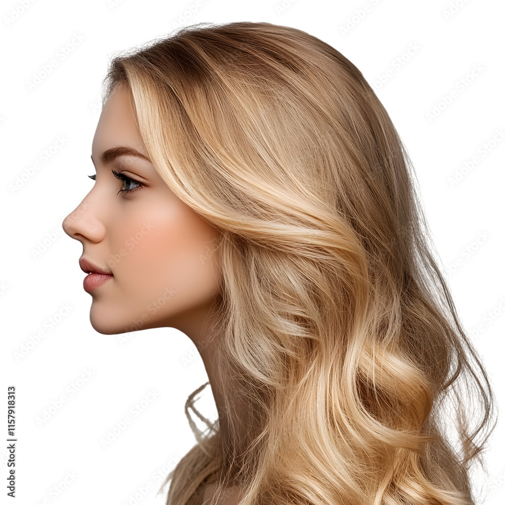 Naklejka premium Beautiful blonde woman with wavy hair in side profile on white background, portrait photography