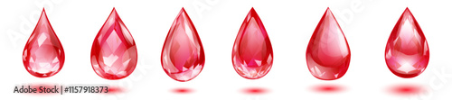 Six vibrant faceted gemstone drops, in red colors with soft shadows, isolated on white background.