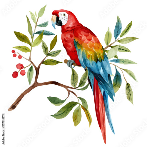 A vibrant illustration of a macaw perched on a jungle vine, showcasing its colorful feathers and lively expression in a tropical setting.

