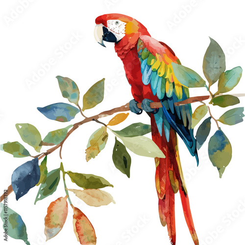 A vibrant illustration of a macaw perched on a jungle vine, showcasing its colorful feathers and lively expression in a tropical setting.

