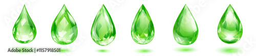 Six vibrant faceted gemstone drops, in green colors with soft shadows, isolated on white background.