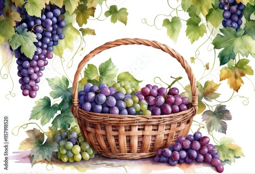 Watercolor basket of grapes surrounded by vine leaves