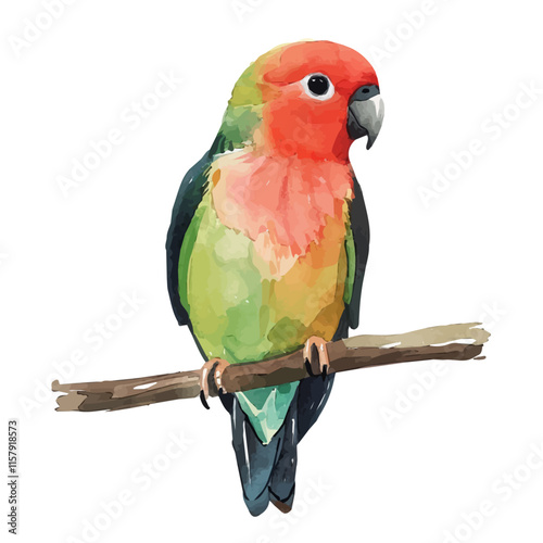 A charming depiction of a lovebird sitting on a perch, surrounded by foliage, emphasizing its vibrant colors and playful nature.

