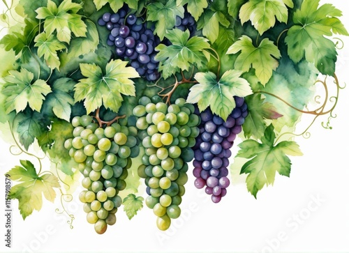 Watercolor painting of grapes and green leaves