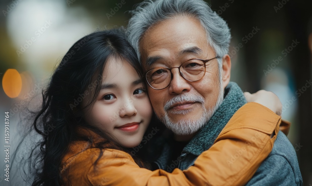 image of pensive senior Asian man hugging together with his daughter image of pensive senior Asian man hugging together with his daughter