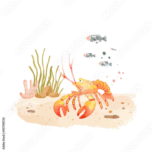 An intricate illustration of a lobster walking on the ocean floor, showcasing its detailed features and vibrant colors against a sandy backdrop.

