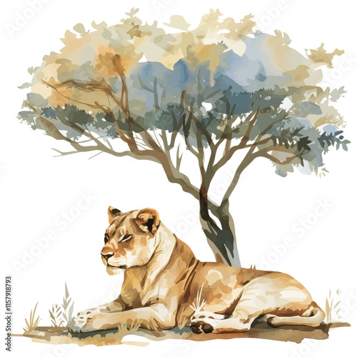 A serene image of a lioness resting under a tree, capturing her majestic presence and the peaceful surroundings of the savanna.

