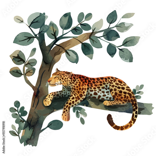 A watercolor vector painting of a leopard lounging in the trees, isolated on a white background. Leopard in trees illustration.

