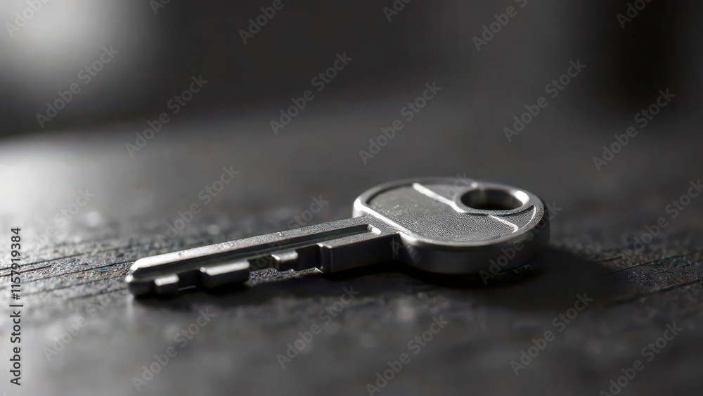 Close-up of a metallic key on a dark surface Close-up of a metallic key on a dark surface