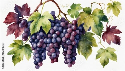 Watercolor grapes with green and red leaves