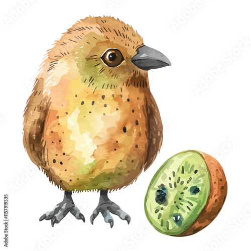 A detailed illustration of a kiwi protecting its egg, highlighting its unique characteristics and nurturing behavior in a forest setting.

