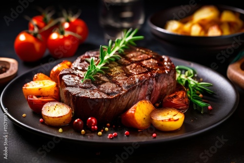Obraz na płótnie Succulent grilled steak served with vibrant cherry tomatoes, golden roasted potatoes, garnished with fresh herbs, beautifully arranged on rustic plate, for culinary marketing, gourmet promotions. w salonie