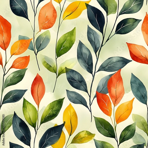 Wallpaper Mural Seamless pattern with simplified leaf motifs in pastel sage green and peach colors Torontodigital.ca