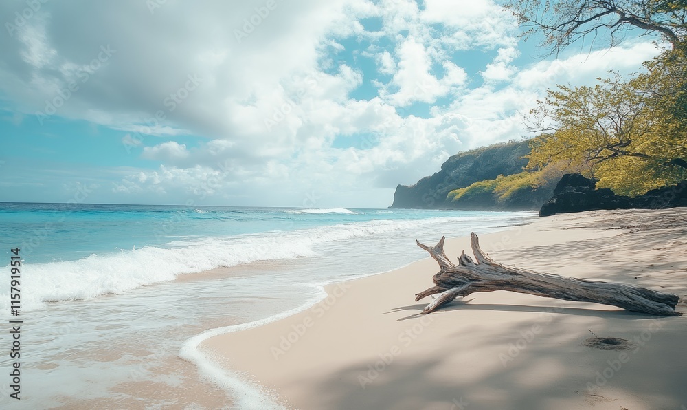 Isolated sandy beach with smooth driftwood, gentle waves lapping under a dramatic cloudy sky. Isolated sandy beach with smooth driftwood, gentle waves lapping under a dramatic cloudy sky.