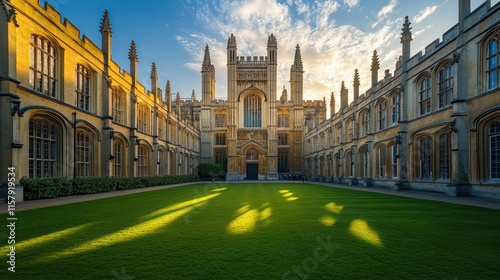 Majestic college courtyard at sunset, sunlit lawn, gothic architecture.