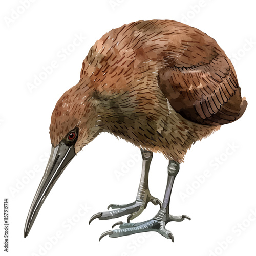 A watercolor vector painting of a kiwi bird foraging at night, isolated on a white background. Kiwi bird vector.

