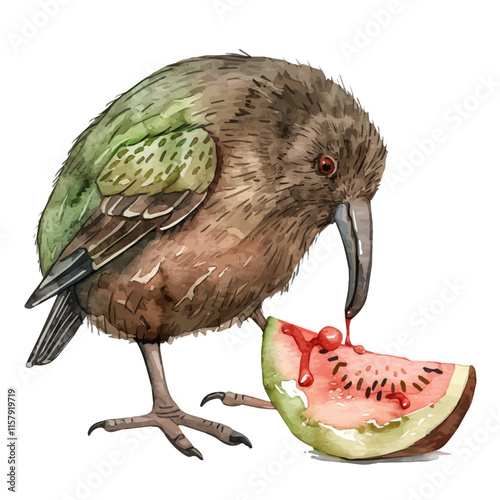 A watercolor vector painting of a kiwi bird foraging at night, isolated on a white background. Kiwi bird vector.


