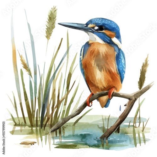 A watercolor vector painting of a kingfisher perched near a waterway, isolated on a white background. Kingfisher vector.

