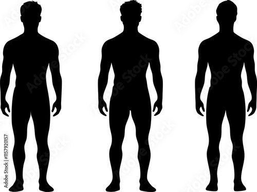 Silhouette of three male figures standing in different poses.