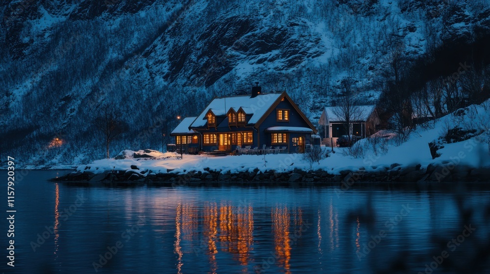 Fototapeta premium Cozy winter house by the fjord at night.
