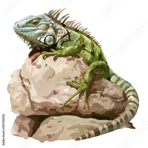 A watercolor vector painting of an iguana resting on a rock, isolated on a white background. Iguana vector.

