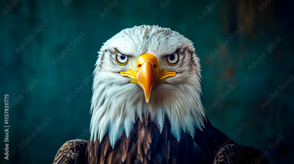 Obraz premium Majestic bald eagle staring with intense gaze on dark green background